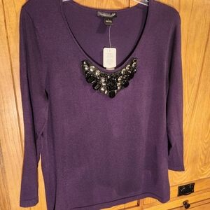 August Silk Deep Plum Embellished Sweater woman's size large NWT hand beaded